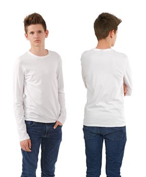 Young male with blank white t-shirt, front and back. Ready for your design or logo.