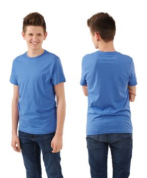 Young male with blank blue t-shirt, front and back. Ready for your design or logo.