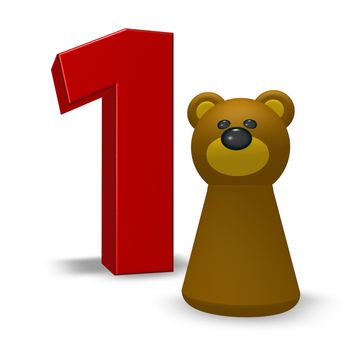 number one and brown bear - 3d illustration
