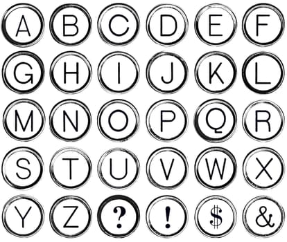 Graphic style alphabet from antique typewriter keys including question mark, exclamation, dollar sign and ampersand.  Isolated on white. 
