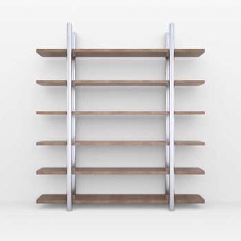 Wooden shelves with metal stands. 3d rendering on white background