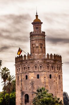 Torre del Oro Old Moorish Military Watchtower Seville Andalusia Spain.  Built in the 1200s,  One of the oldest buildings in Seville.  Prison in the Middle Ages.