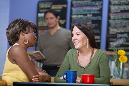 Two pretty diverse female cafe customers talking