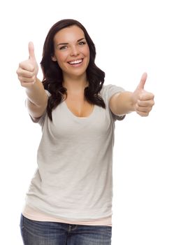 Pretty Female Mixed Race Model Giving Thumbs Up Gesture Isolated on a White Background.