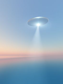 A oval saucer space craft over sea.