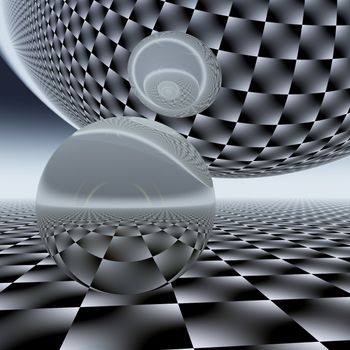 Modern checkered background with reflective spheres.