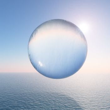 A surreal water sphere hovering above the sea against a clear sky and sun.