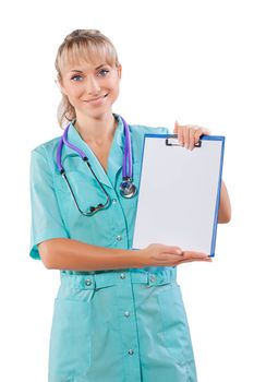 a smiling female doctor demonstration clipboard with empty sheet