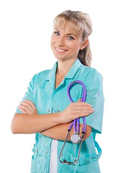 a smiling female doctor holding sthetoscope