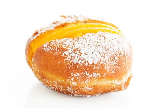 Portuguese doughnut or Berliner with egg creme over white background