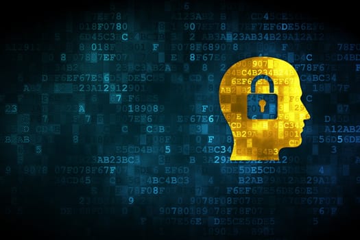Business concept: pixelated Head Whis Padlock icon on digital background, empty copyspace for card, text, advertising, 3d render