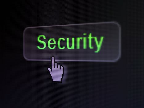 Safety concept: pixelated words Security on button whis cursor on digital computer screen background, selected focus 3d render