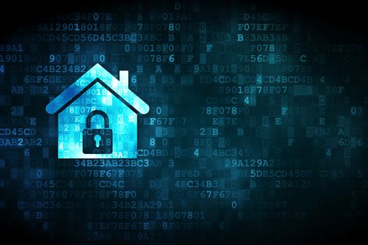 Safety concept: pixelated Home icon on digital background, empty copyspace for card, text, advertising, 3d render