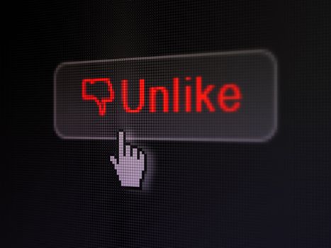 Social network concept: pixelated words Unlike and Unlike icon on button whis cursor on digital computer screen background, selected focus 3d render