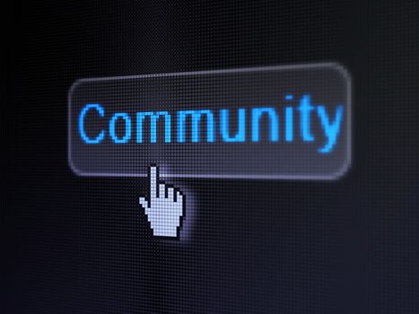 Social network concept: pixelated words Community on button whis cursor on digital computer screen background, selected focus 3d render