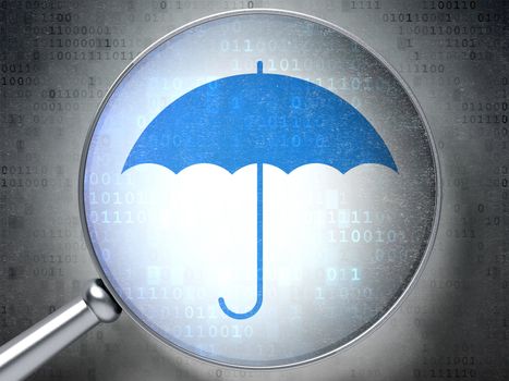Magnifying optical glass with Umbrella icon on digital background, 3d render