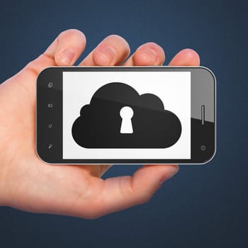 Networking concept: hand holding smartphone with Cloud Whis Keyhole on display. Generic mobile smart phone in hand on Dark Blue background.