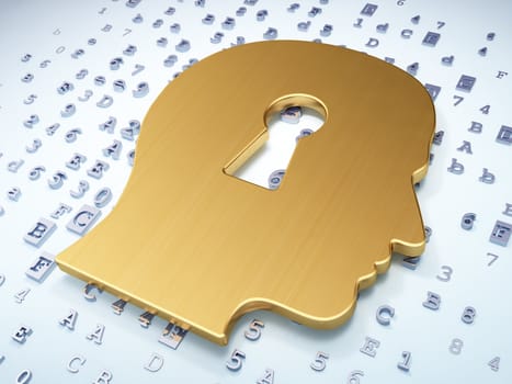 Education concept: Golden Head Whis Keyhole on digital background, 3d render