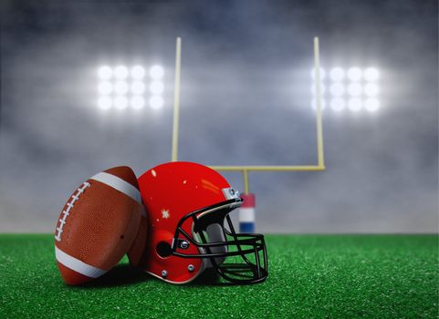 Football and Helmet on Field with Goal Post under Spotlights