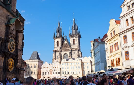 Cityscape of Old Town Square in Prague , Jule 27, 2013, Czech Republic. Annually Prague is visited by more than 3,5 million tourists.