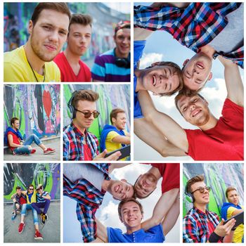 Collage of images happy teens boy with his friends by painted wall sunrise listening to music.