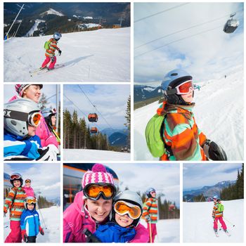 Collage of images two happy smiling kids in ski goggles and a helmet with his mother in the mountains