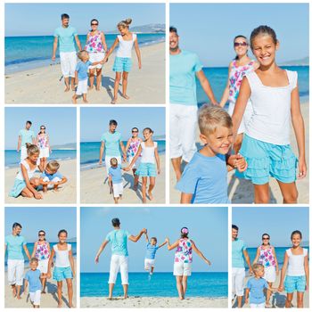 Collage of images family of four having fun on tropical beach