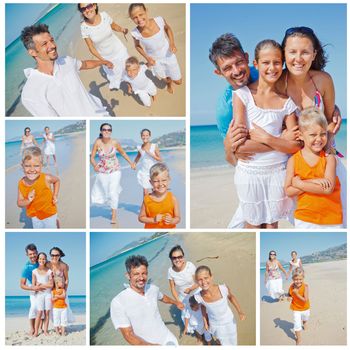 Collage of images happy family running down the beach on summer