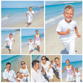 Collage of images happy family running down the beach on summer