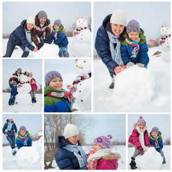 Collage of images happy beautiful family with two kids near snowman outside in winter time