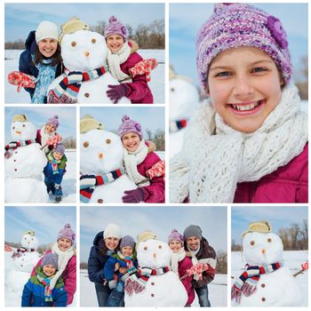 Collage of images happy beautiful family with two kids near snowman outside in winter time