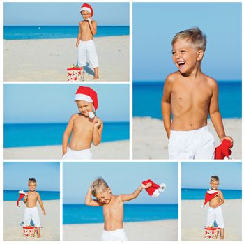 Collage of images cute little boy in Santa hat with gift on tropical vacation