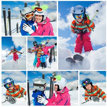 Skiing, winter, snow, sun and fun. Collage of images of family enjoying winter vacations