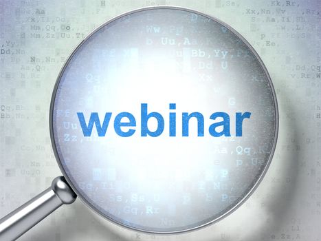Magnifying optical glass with words Webinar on digital background, 3d render