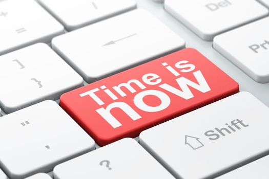 Time concept: computer keyboard with word Time is Now, selected focus on enter button background, 3d render