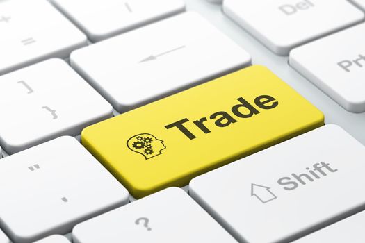 Business finance concept: computer keyboard with Head With Gears icon and word Trade, selected focus on enter button, 3d render