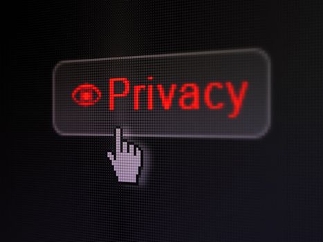 Safety concept: pixelated words Privacy and Eye icon on button whis cursor on digital computer screen background, selected focus 3d render