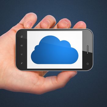 Cloud technology concept: hand holding smartphone with Cloud on display. Generic mobile smart phone in hand on Dark Blue background.