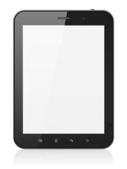 Black abstract tablet computer (tablet pc) on white background, 3d render. Modern portable touch pad device with white screen.