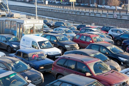 Big transport stopper, 08.02.2012, Moscow, Russia. Road jams arise because of a large number of transport which exceeds the maximum capacity of roads in the city