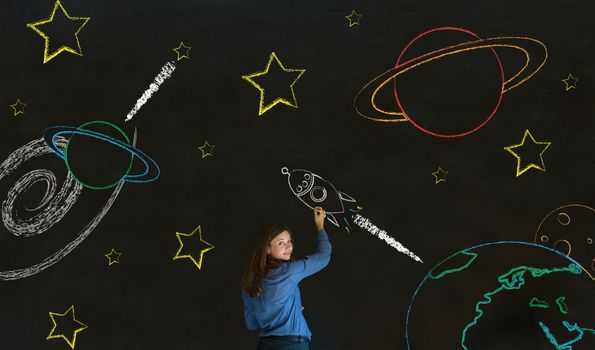 Businesswoman, student or teacher with chalk space travel blackboard background