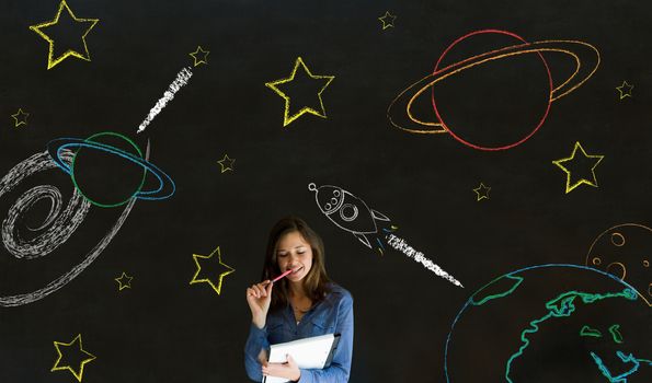 Businesswoman, student or teacher with chalk space travel blackboard background