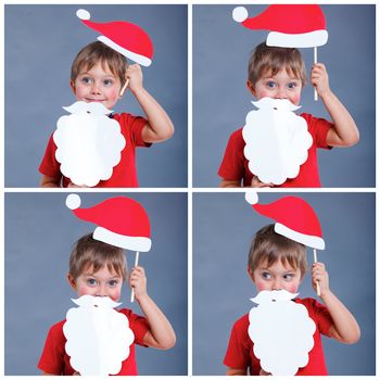 Christmas concept. Collage of images smiling funny boy in Santa red hat in studio.