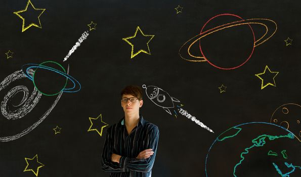 Businessman, student or teacher with chalk space travel blackboard background