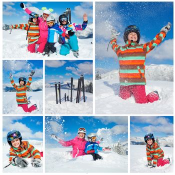 Skiing, winter, snow, sun and fun. Collage of images of family enjoying winter vacations