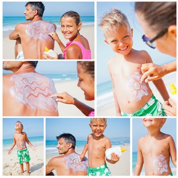 Adorable boy and girl at tropical beach applying sunblock cream on a father's back.