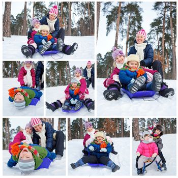 Collage of images two kids with mother is sledging in winter-landscape