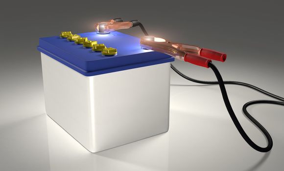 a white car battery with blue cover and terminals with cables on the contacts. Light from the poles positive and negative simulates energy power