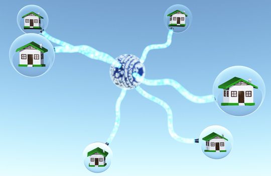 a central core represented by a sphere with the lights, is supplying homes inside of the spheres, with some energy beams