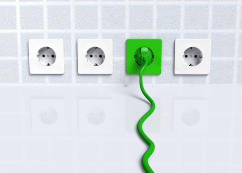 ecological green plug is connected to a green socket placed on the wall instead of the white ones